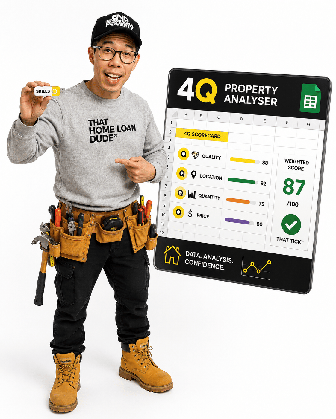 That Home Loan Dude holding the 4Q Property Analyser scorecard